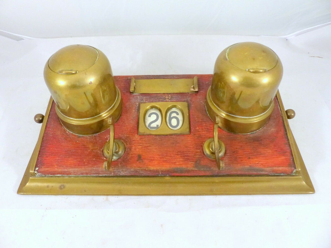 LARGE Antique French Brass Inkwell 1920 Desk - Rare Change the Date - Office