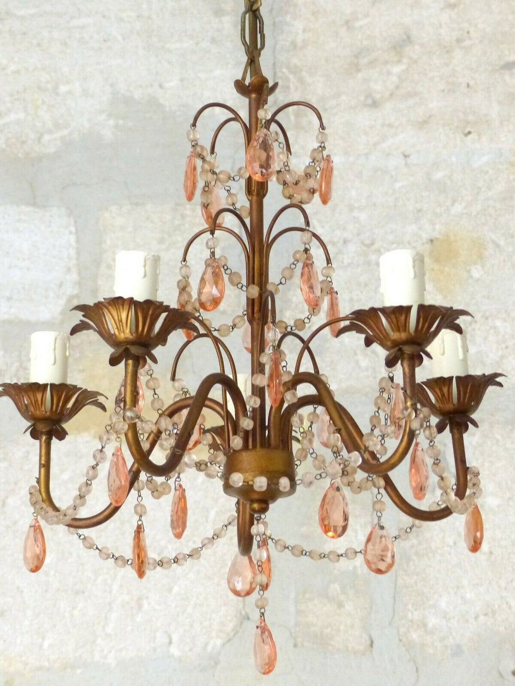 Vintage Chandelier Pink Drops Prisms Beads 1920 Italian Gilded metal 5 Lights