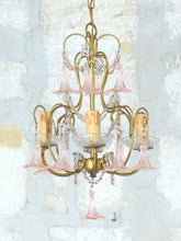 Load image into Gallery viewer, Vintage Chandelier Pink Drops Flowers Prisms Beads 1940 Italian Gilded 4 Lights
