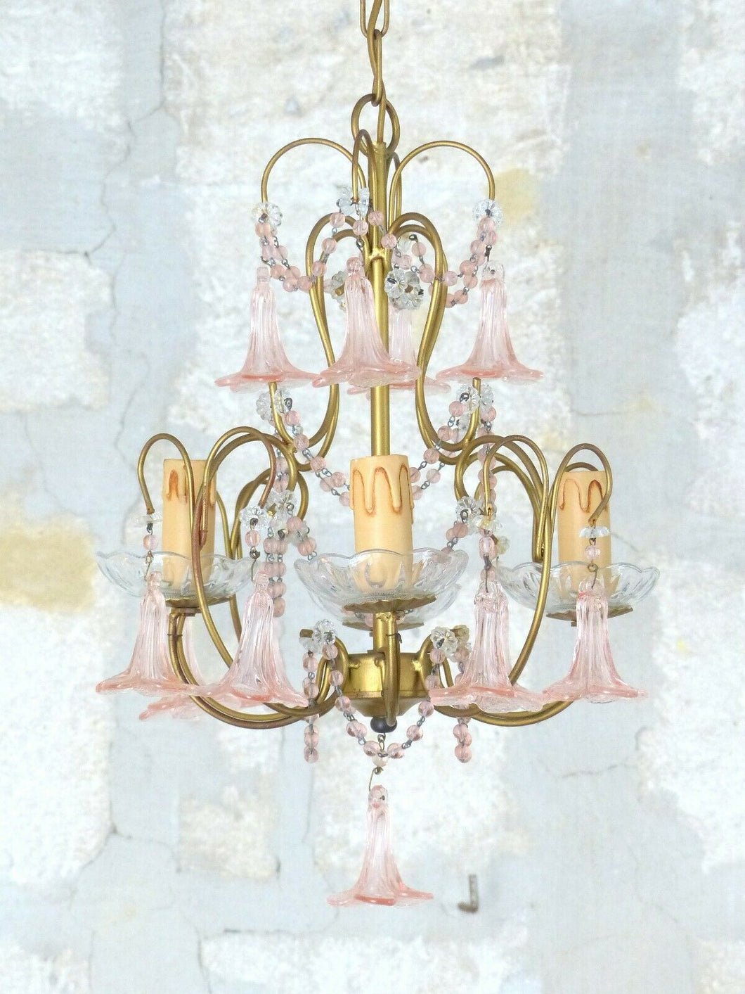 Vintage Chandelier Pink Drops Flowers Prisms Beads 1940 Italian Gilded 4 Lights