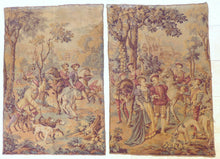 Load image into Gallery viewer, XL Large Antique French Tapestry Medieval Scenery 68x46&quot; RARE PAIR 19TH
