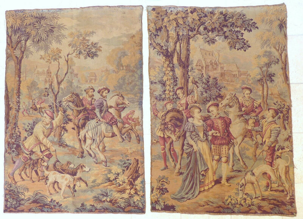 XL Large Antique French Tapestry Medieval Scenery 68x46