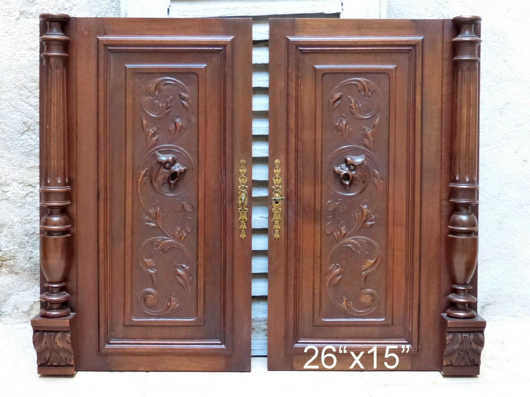 Pair Antique French Hand Carved Solid Wood Doors Panels Gothic Chimera Salvage