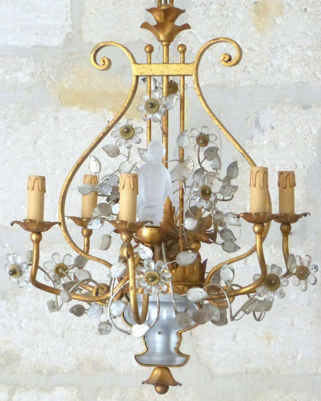 Excpt. MAISON BAGUES French Mid-Century Gilt Iron Floral Lyre Chandelier Chinese