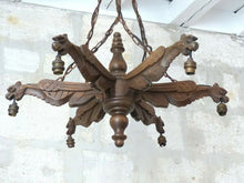 Load image into Gallery viewer, Large Vintage French Carved Wood Gothic Chimera Chandelier 6 Lights Gargoye 1950
