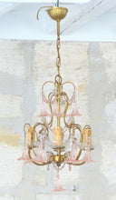 Load image into Gallery viewer, Vintage Chandelier Pink Drops Flowers Prisms Beads 1940 Italian Gilded 4 Lights
