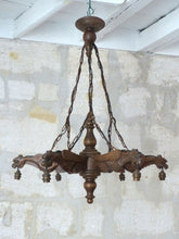 Load image into Gallery viewer, Large Vintage French Carved Wood Gothic Chimera Chandelier 6 Lights Gargoye 1950
