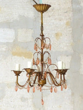 Load image into Gallery viewer, Vintage Chandelier Pink Drops Prisms Beads 1920 Italian Gilded metal 5 Lights
