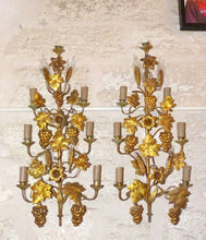 Load image into Gallery viewer, Large Antique FRENCH Pair Gilded Brass Wall Light Sconces with grapes vine 19TH
