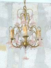 Load image into Gallery viewer, Vintage Chandelier Pink Drops Flowers Prisms Beads 1940 Italian Gilded 4 Lights
