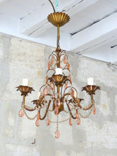 Load image into Gallery viewer, Vintage Chandelier Pink Drops Prisms Beads 1920 Italian Gilded metal 5 Lights
