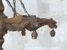 Load image into Gallery viewer, Large Vintage French Carved Wood Gothic Chimera Chandelier 6 Lights Gargoye 1950
