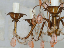 Load image into Gallery viewer, Vintage Chandelier Pink Drops Prisms Beads 1920 Italian Gilded metal 5 Lights
