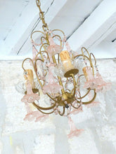 Load image into Gallery viewer, Vintage Chandelier Pink Drops Flowers Prisms Beads 1940 Italian Gilded 4 Lights
