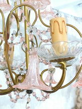 Load image into Gallery viewer, Vintage Chandelier Pink Drops Flowers Prisms Beads 1940 Italian Gilded 4 Lights
