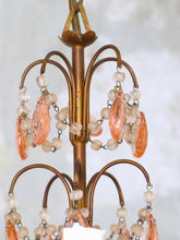 Load image into Gallery viewer, Vintage Chandelier Pink Drops Prisms Beads 1920 Italian Gilded metal 5 Lights
