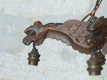 Load image into Gallery viewer, Large Vintage French Carved Wood Gothic Chimera Chandelier 6 Lights Gargoye 1950
