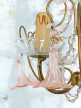 Load image into Gallery viewer, Vintage Chandelier Pink Drops Flowers Prisms Beads 1940 Italian Gilded 4 Lights
