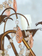 Load image into Gallery viewer, Vintage Chandelier Pink Drops Prisms Beads 1920 Italian Gilded metal 5 Lights
