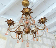 Load image into Gallery viewer, Vintage Chandelier Pink Drops Prisms Beads 1920 Italian Gilded metal 5 Lights
