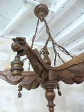 Load image into Gallery viewer, Large Vintage French Carved Wood Gothic Chimera Chandelier 6 Lights Gargoye 1950
