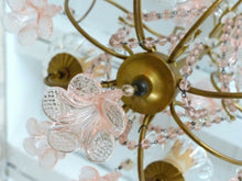 Load image into Gallery viewer, Vintage Chandelier Pink Drops Flowers Prisms Beads 1940 Italian Gilded 4 Lights
