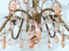 Load image into Gallery viewer, Vintage Chandelier Pink Drops Prisms Beads 1920 Italian Gilded metal 5 Lights
