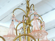 Load image into Gallery viewer, Vintage Chandelier Pink Drops Flowers Prisms Beads 1940 Italian Gilded 4 Lights
