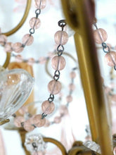 Load image into Gallery viewer, Vintage Chandelier Pink Drops Flowers Prisms Beads 1940 Italian Gilded 4 Lights
