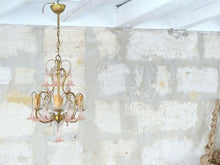 Load image into Gallery viewer, Vintage Chandelier Pink Drops Flowers Prisms Beads 1940 Italian Gilded 4 Lights
