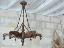 Load image into Gallery viewer, Large Vintage French Carved Wood Gothic Chimera Chandelier 6 Lights Gargoye 1950
