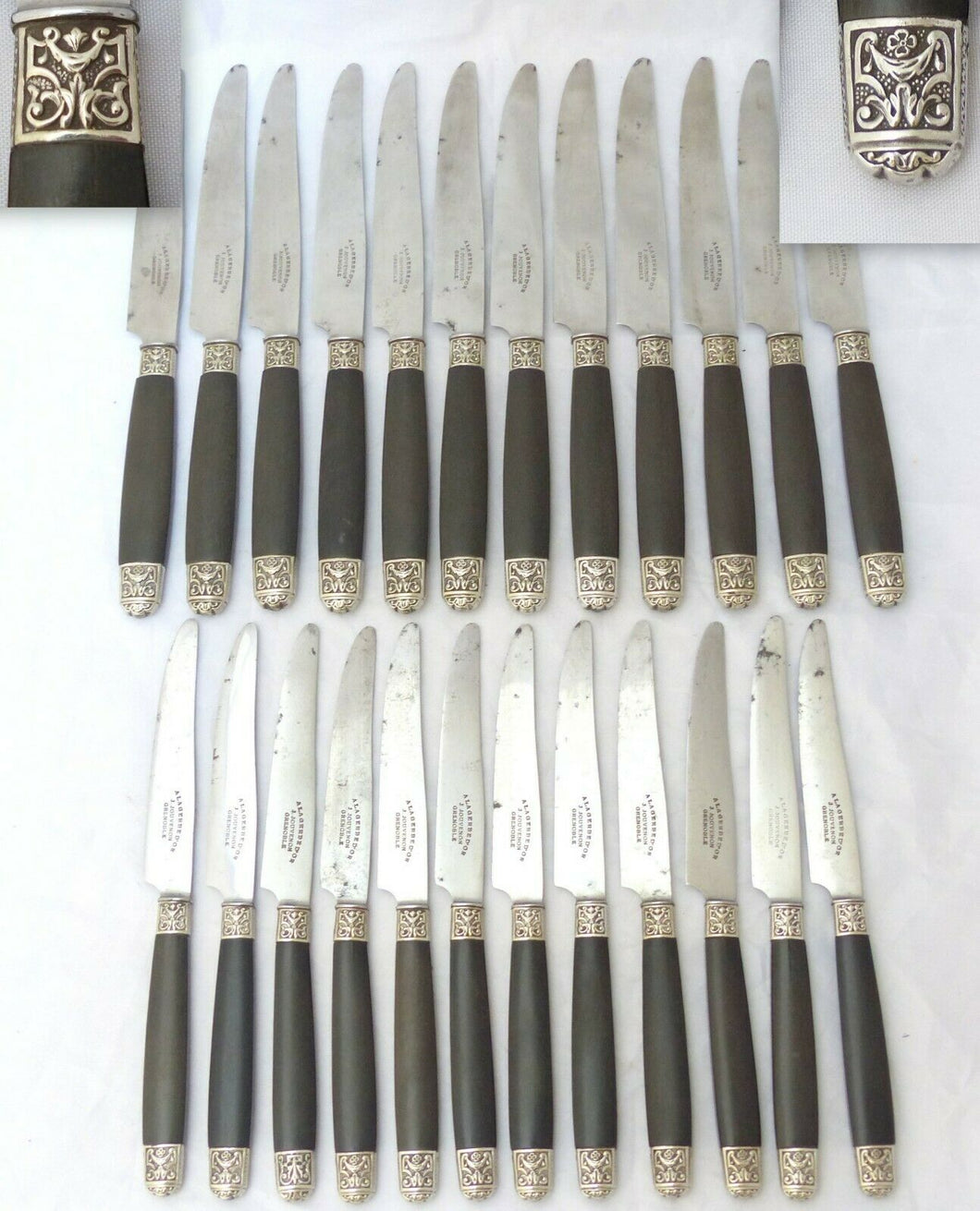 Antique French Sterling Silver Collar Ebony Handle 24pc Table Dessert Set 1880