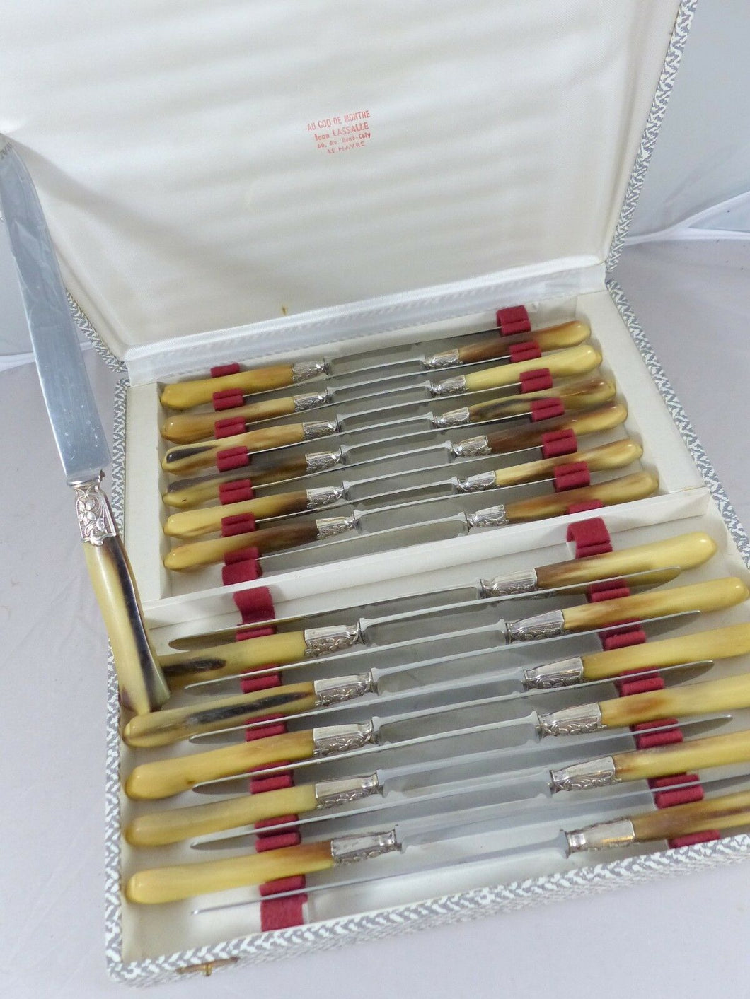 Antique French Set knives Sterling Collar Table Dessert Horn Handles 24 pieces