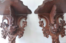 Load image into Gallery viewer, Antique Hand Carved Black Forest Hunting Dog Head PAIR Wall Bracket Shelf 1880
