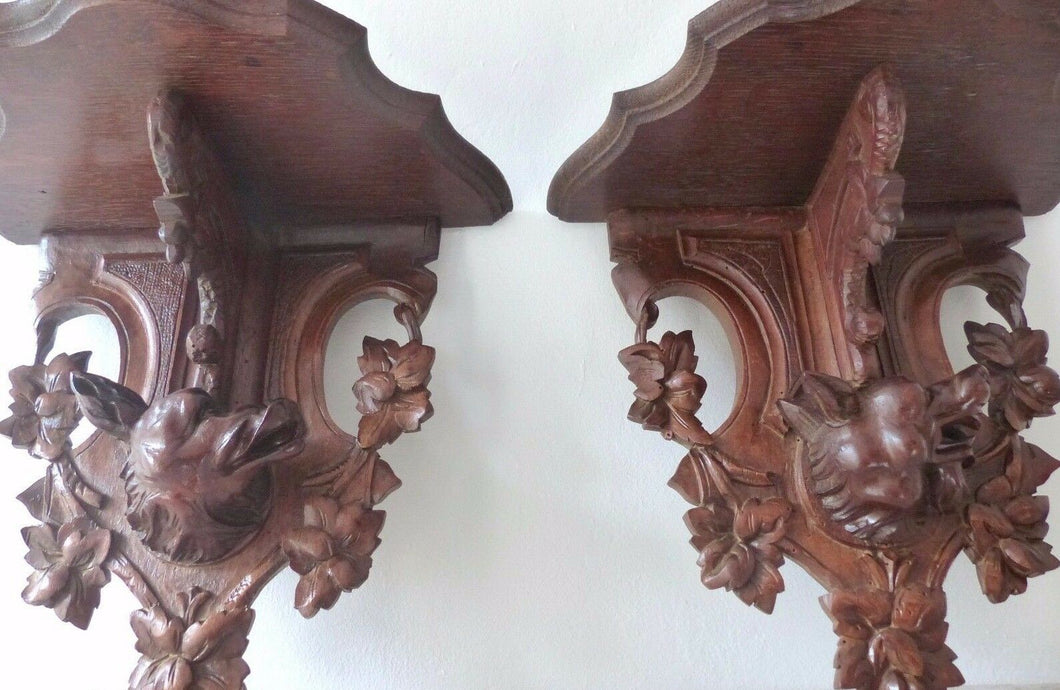 Antique Hand Carved Black Forest Hunting Dog Head PAIR Wall Bracket Shelf 1880