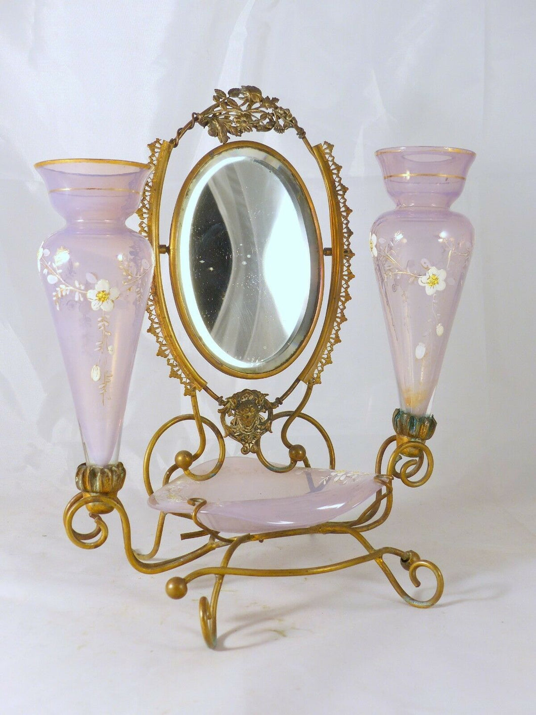 Antique Opalescent Enamel Baguier Jewelry Stand Napoleon III Era Vase Mirror