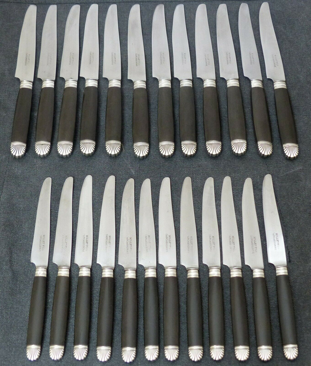 Antique French Set 24x knives Sterling Collar Table Dessert Ebony Handles 19TH