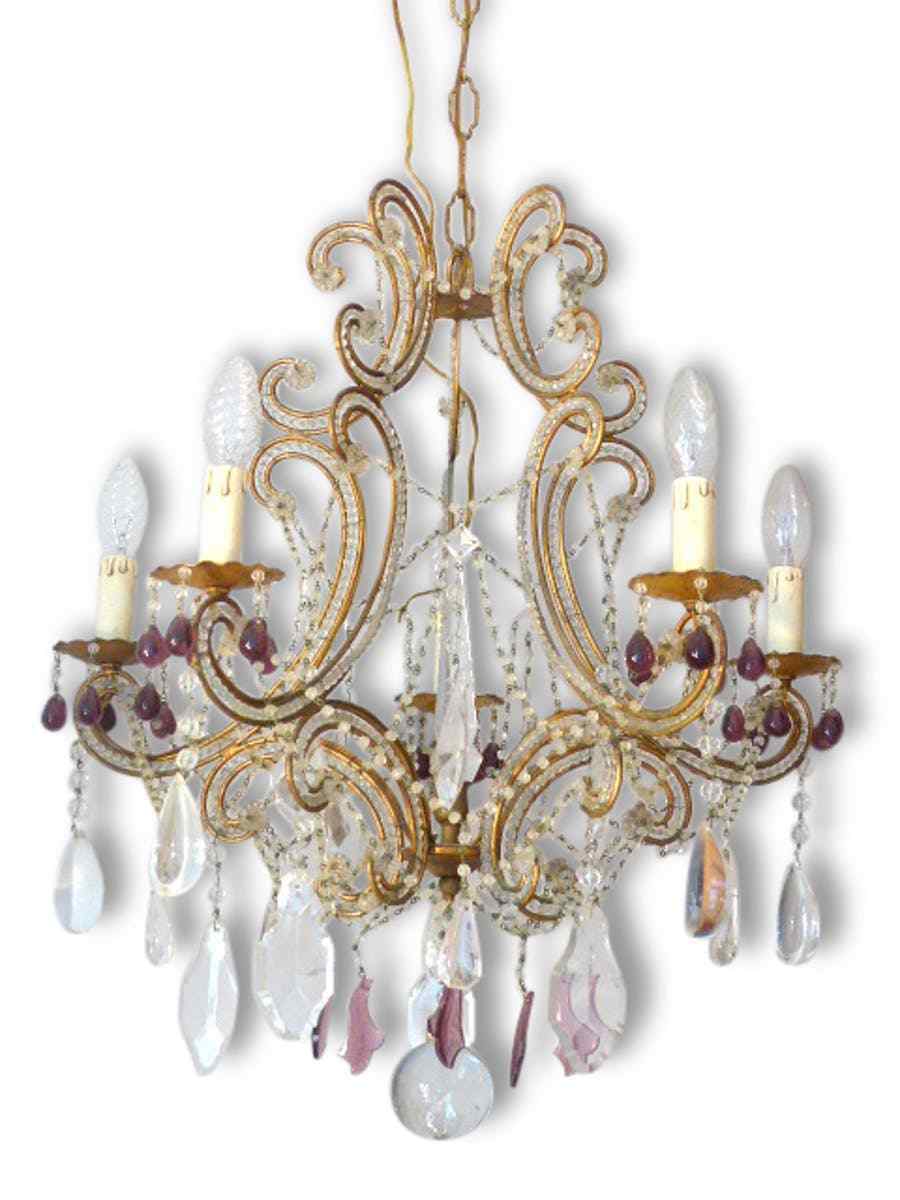 Antique Vintage Macaroni Beaded Murano Drops Chandelier Italian Purple drops