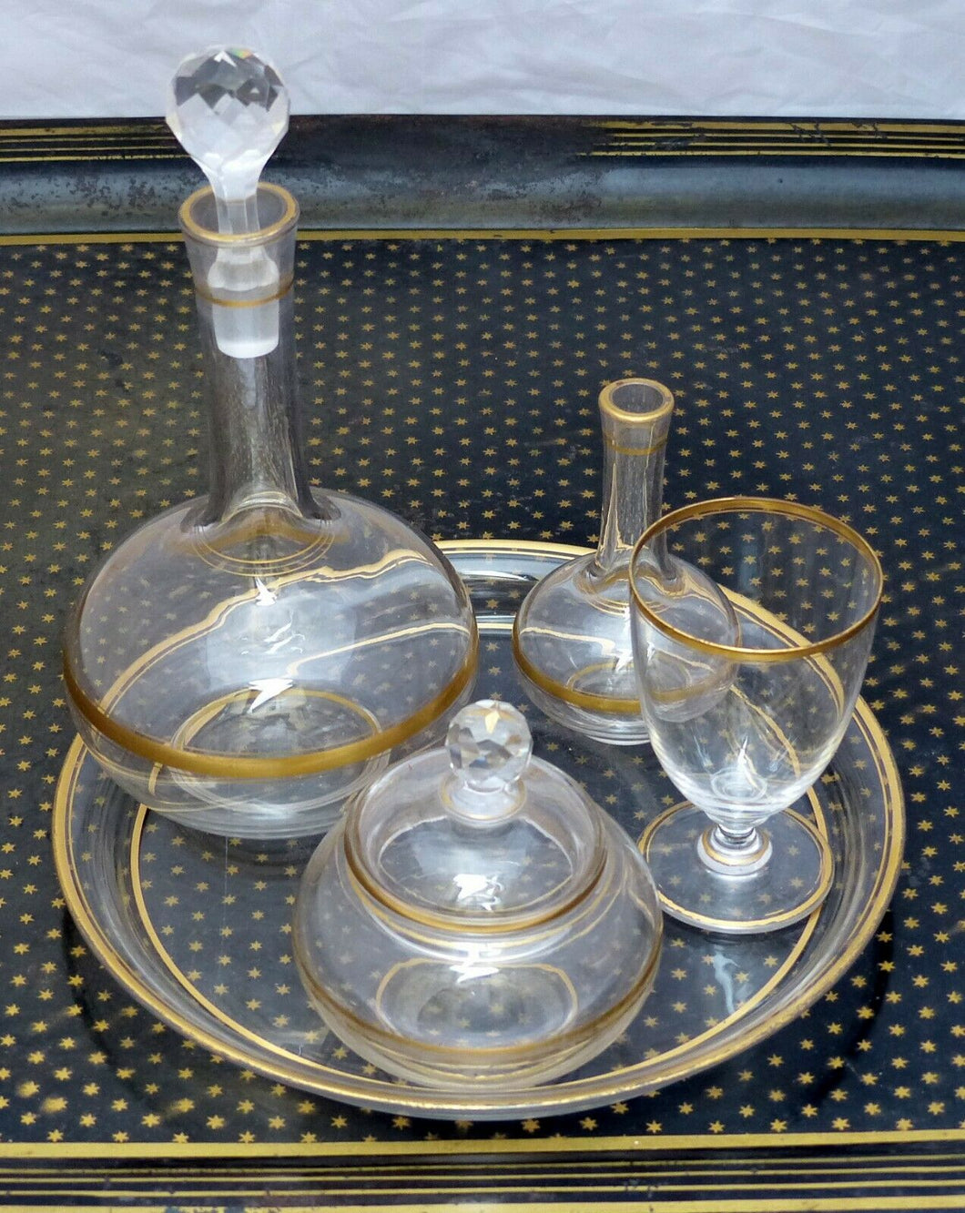 BACCARAT- ANTIQUE SET NIGHT SERVICE 19TH French Blowned Crystal Gilded 5 pieces