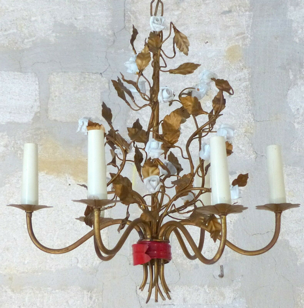 Antique Florentine Chandelier Gilded metal Porcelain Flower 30's Italian Ceiling