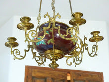 Load image into Gallery viewer, Charming French Church Brass Faience Chandelier Candle holders Religious 19TH
