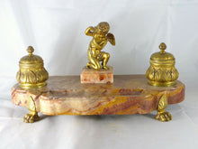 Load image into Gallery viewer, ANCIEN ENCRIER BRONZE &amp; MARBRE XIXè ANGELOT / ANTIQUE INKWELL DESK 19th CHERUB
