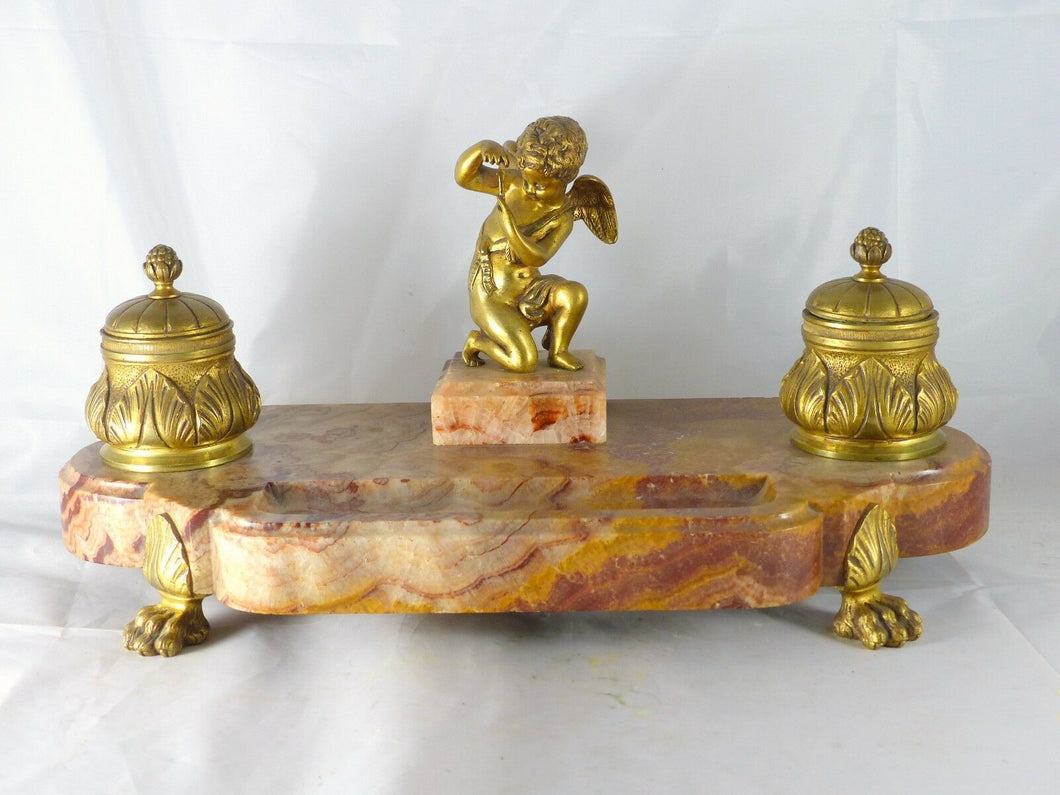 ANCIEN ENCRIER BRONZE & MARBRE XIXè ANGELOT / ANTIQUE INKWELL DESK 19th CHERUB