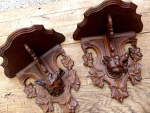 Load image into Gallery viewer, Antique Hand Carved Black Forest Hunting Dog Head PAIR Wall Bracket Shelf 1880
