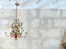 Load image into Gallery viewer, Antique Florentine Chandelier Gilded metal Porcelain Flower 30&#39;s Italian Ceiling
