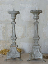 Load image into Gallery viewer, 23&quot; Pair of Large 19th century French Church Candlesticks - Brass &amp; Grey Patina
