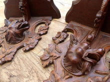 Load image into Gallery viewer, Antique Hand Carved Black Forest Hunting Dog Head PAIR Wall Bracket Shelf 1880
