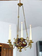 Load image into Gallery viewer, Charming French Church Brass Faience Chandelier Candle holders Religious 19TH
