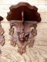 Load image into Gallery viewer, Antique Hand Carved Black Forest Hunting Dog Head PAIR Wall Bracket Shelf 1880
