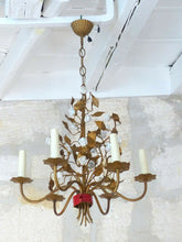 Load image into Gallery viewer, Antique Florentine Chandelier Gilded metal Porcelain Flower 30&#39;s Italian Ceiling
